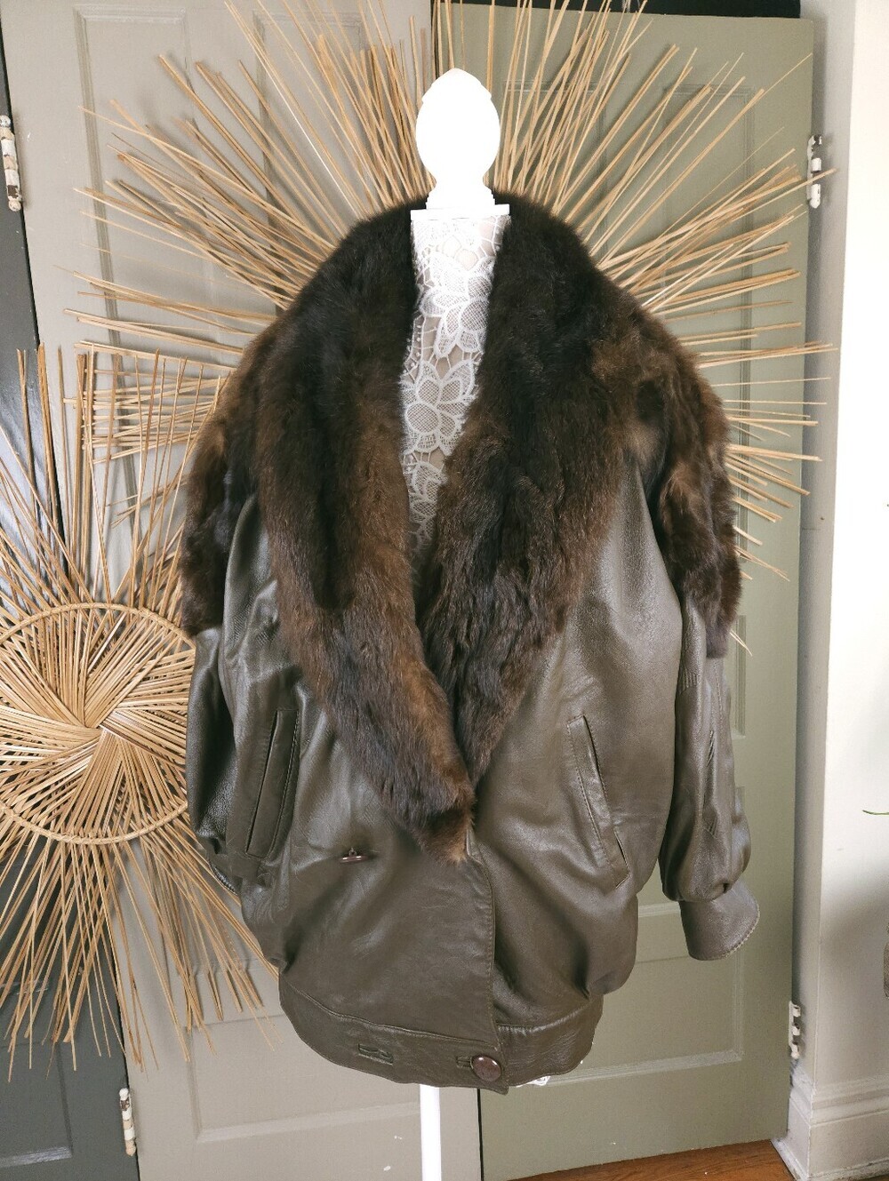 J. Percy For Marvin Richards Genuine Leather Coat With Fox Fur Collar Brown M
